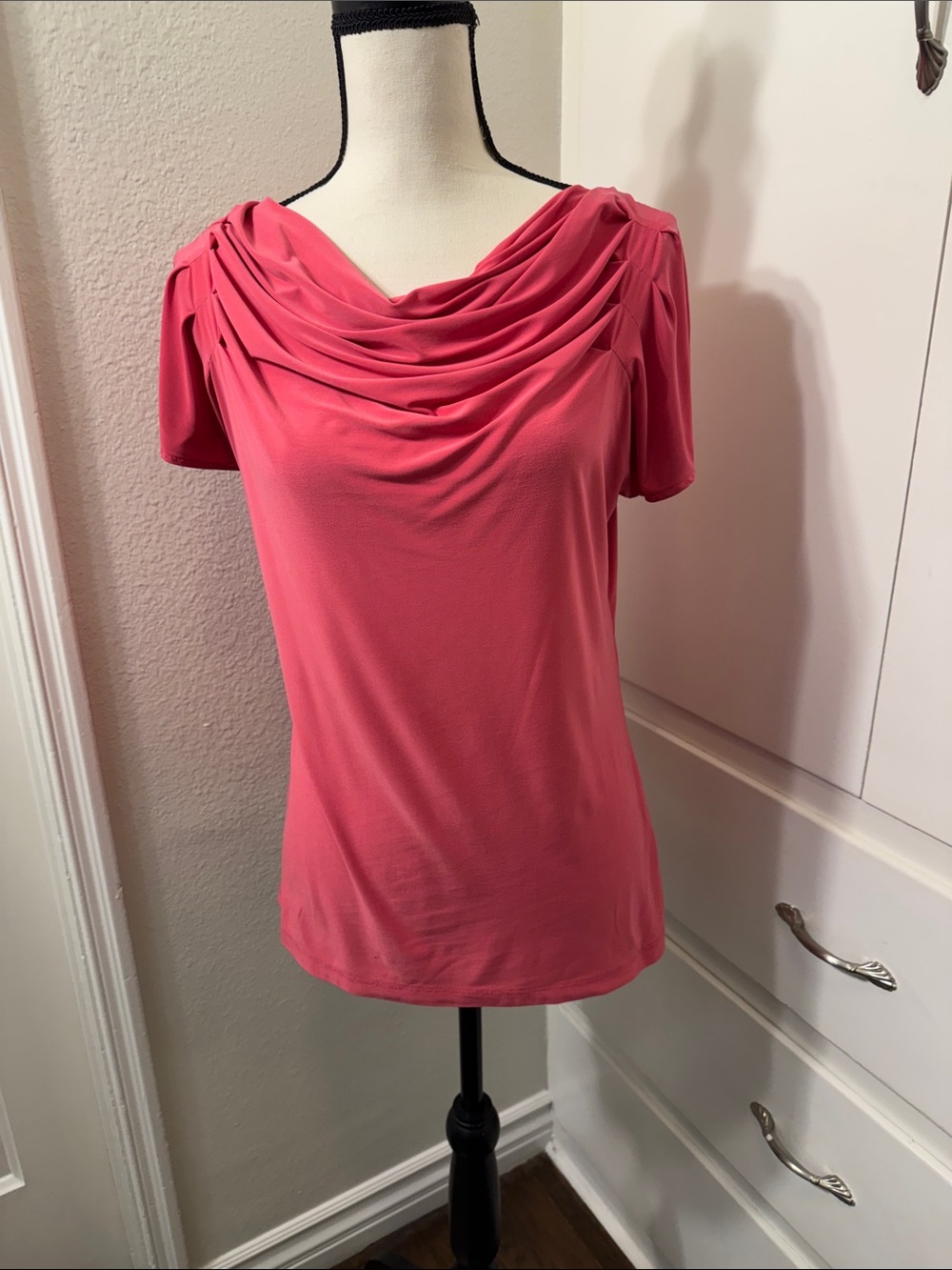 The Limited Coral Pink Draped Cowl Neck Short Sleeve Top